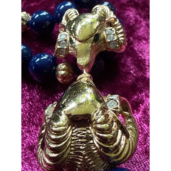 KJL For Avon Double Rams Heads Gold-Tone Necklace With Blue Beads - Picture 6 of 8